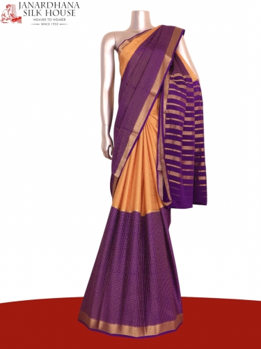 Exclusive Zari Checks Half and Half Mysore Crepe Silk Saree-Double Pallu 